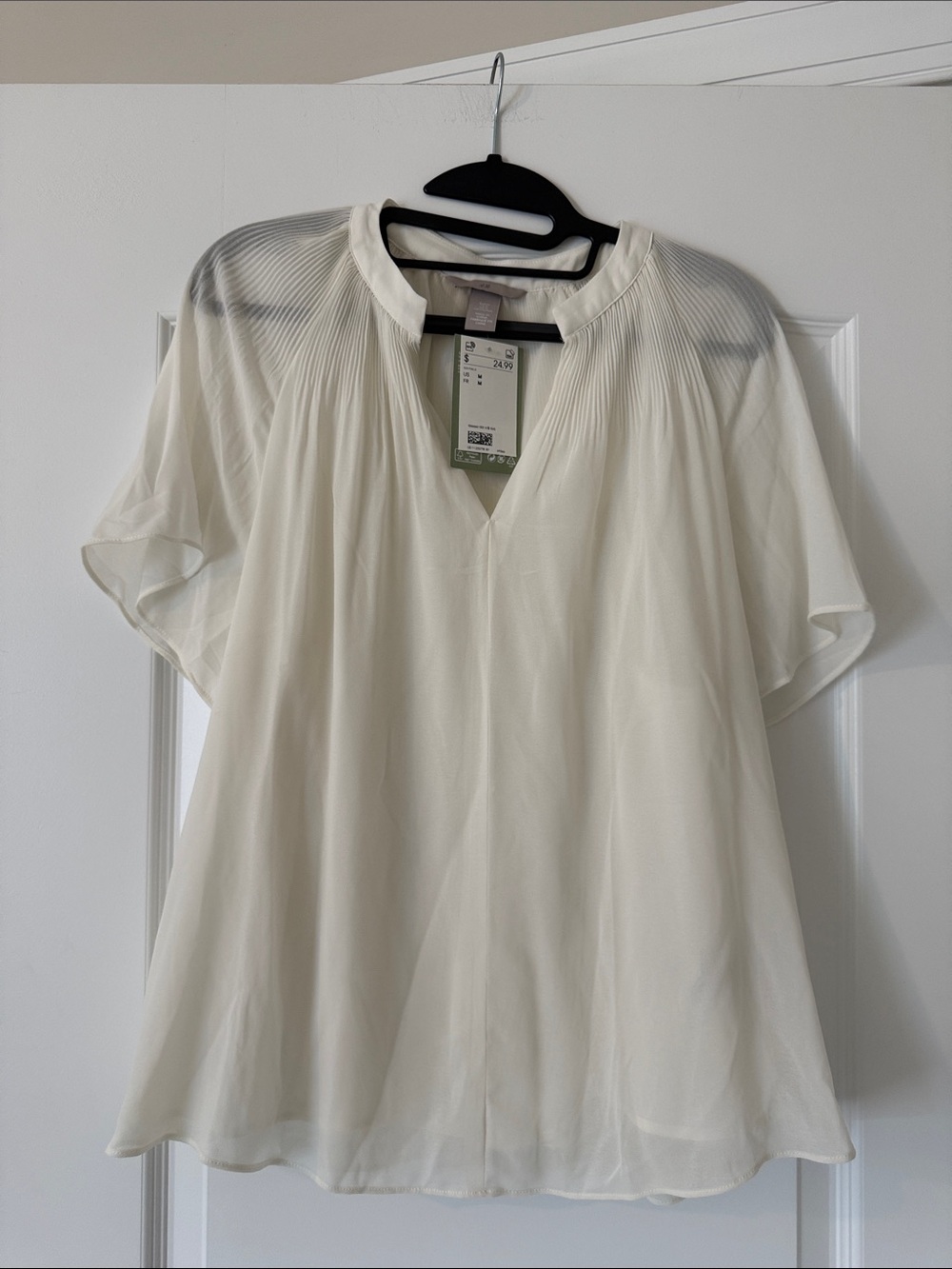 H&M Ivory Pleated Flutter-Sleeve Blouse